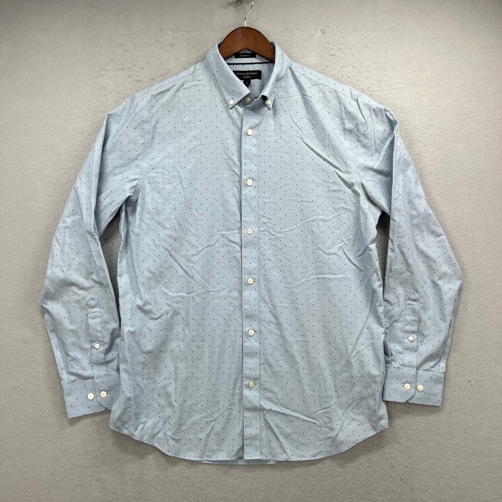 Banana Republic Button Down Shirt Mens L Blue Slim Fit Oxford Triangle Polka Dot